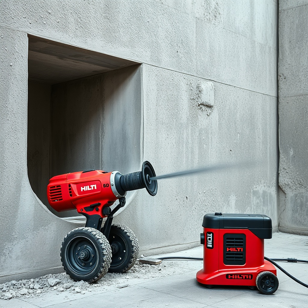 Hilti DD 160 ile betonarme bir duvarda karot kesimi yapılırken çekilmiş geniş açı bir foto