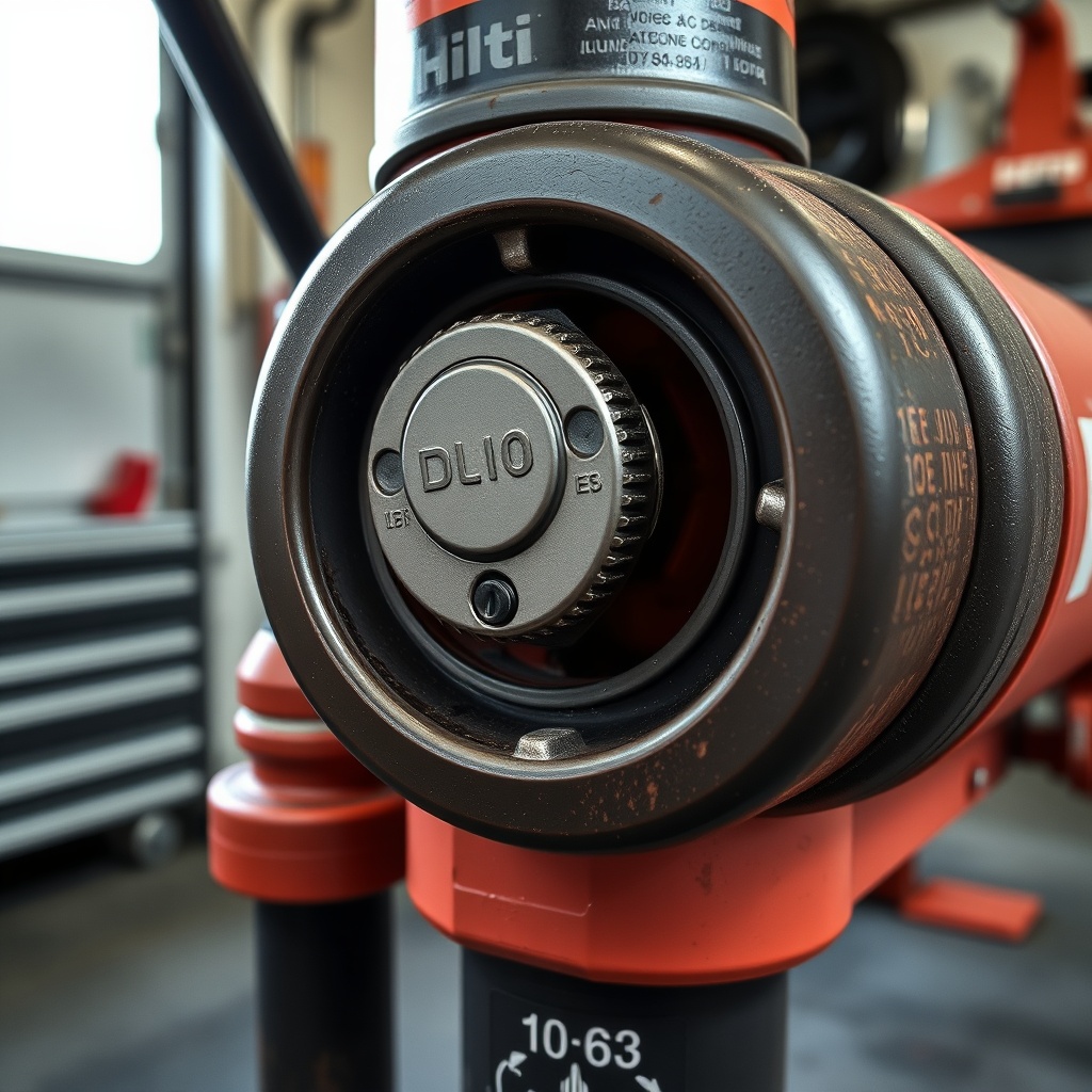 A photorealistic close-up photo of a Hilti DD 160 core drilling machine showing the oil fi