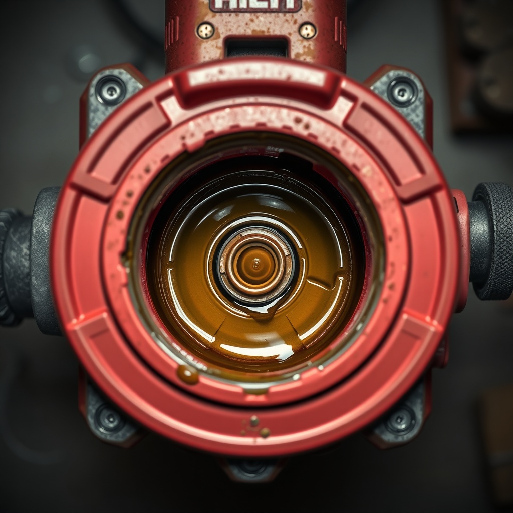A photorealistic top-down shot of a Hilti DD 160 with its oil drain plug open
