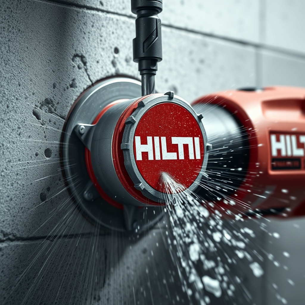 close-up of Hilti DD 160 diamond drill bit cutting through reinforced concrete with water