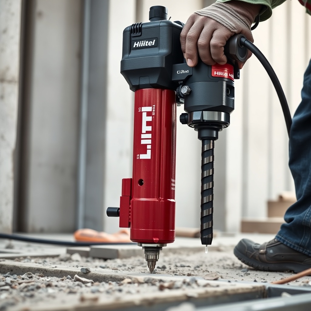 Hilti DD 160 diamond core drill with water cooling system in action on a construction site