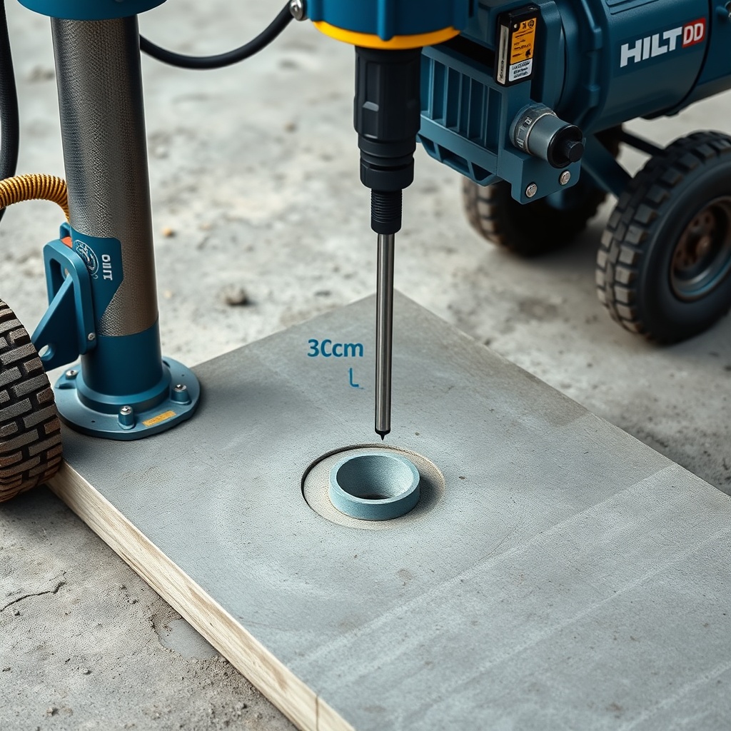 A clean photorealistic photo of a Hilti DD 160 diamond drilling machine set up on a thick