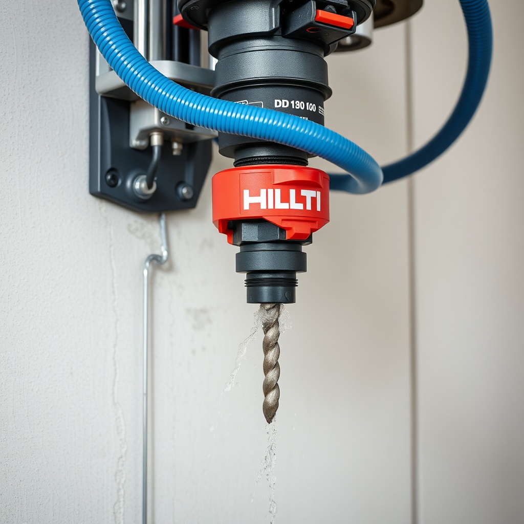 A clean photorealistic photo of a Hilti DD 160 diamond drilling machine during operation o
