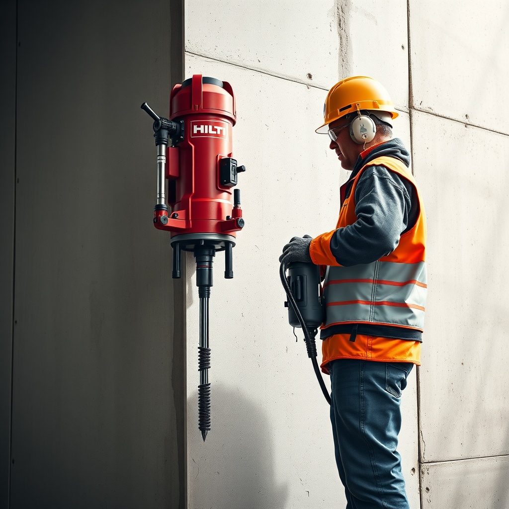 <A photorealistic photo showing a Hilti DD 160 core drill mounted on a vertical wall