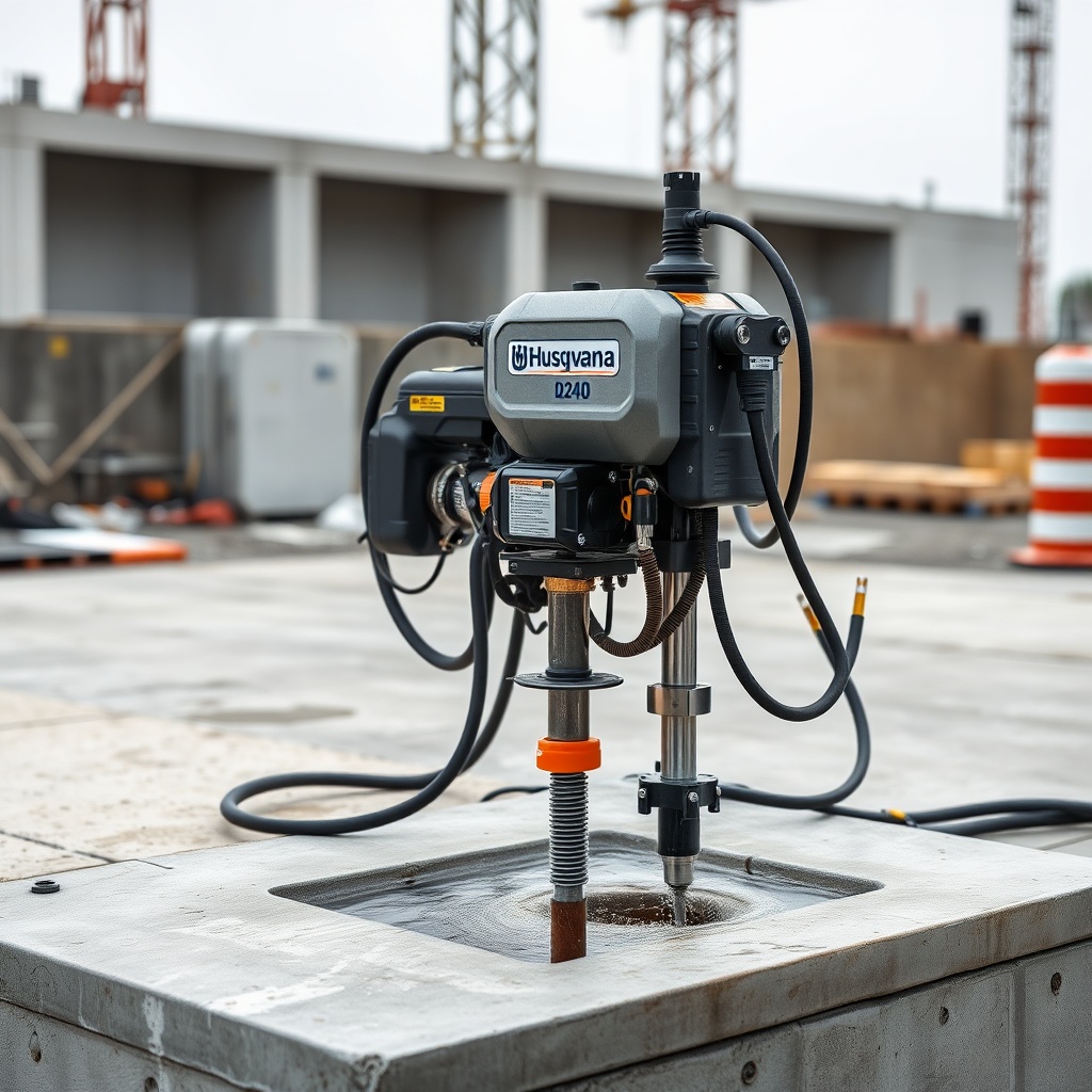<A photorealistic photo of a Husqvarna DMS 240 core drill mounted on a horizontal slab
