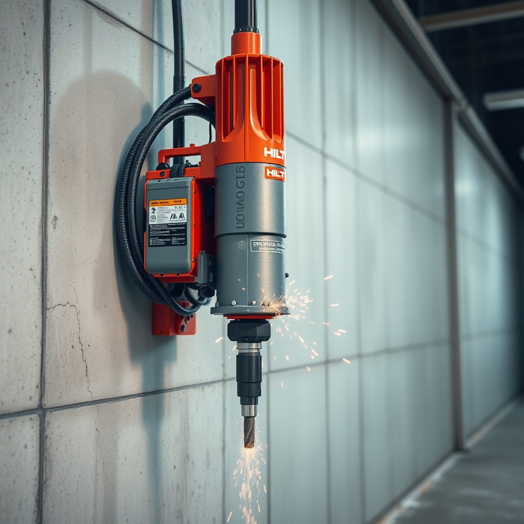 A photorealistic close-up photo of a Hilti DD 160 diamond core drilling machine mounted on