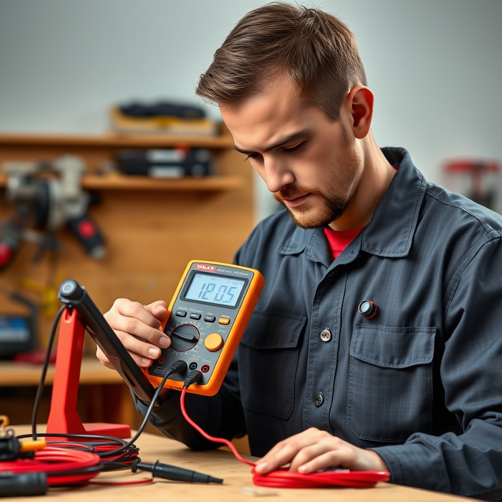 <clean photorealistic photo of a technician inspecting a Hilti DD 160's PSP cable with a m