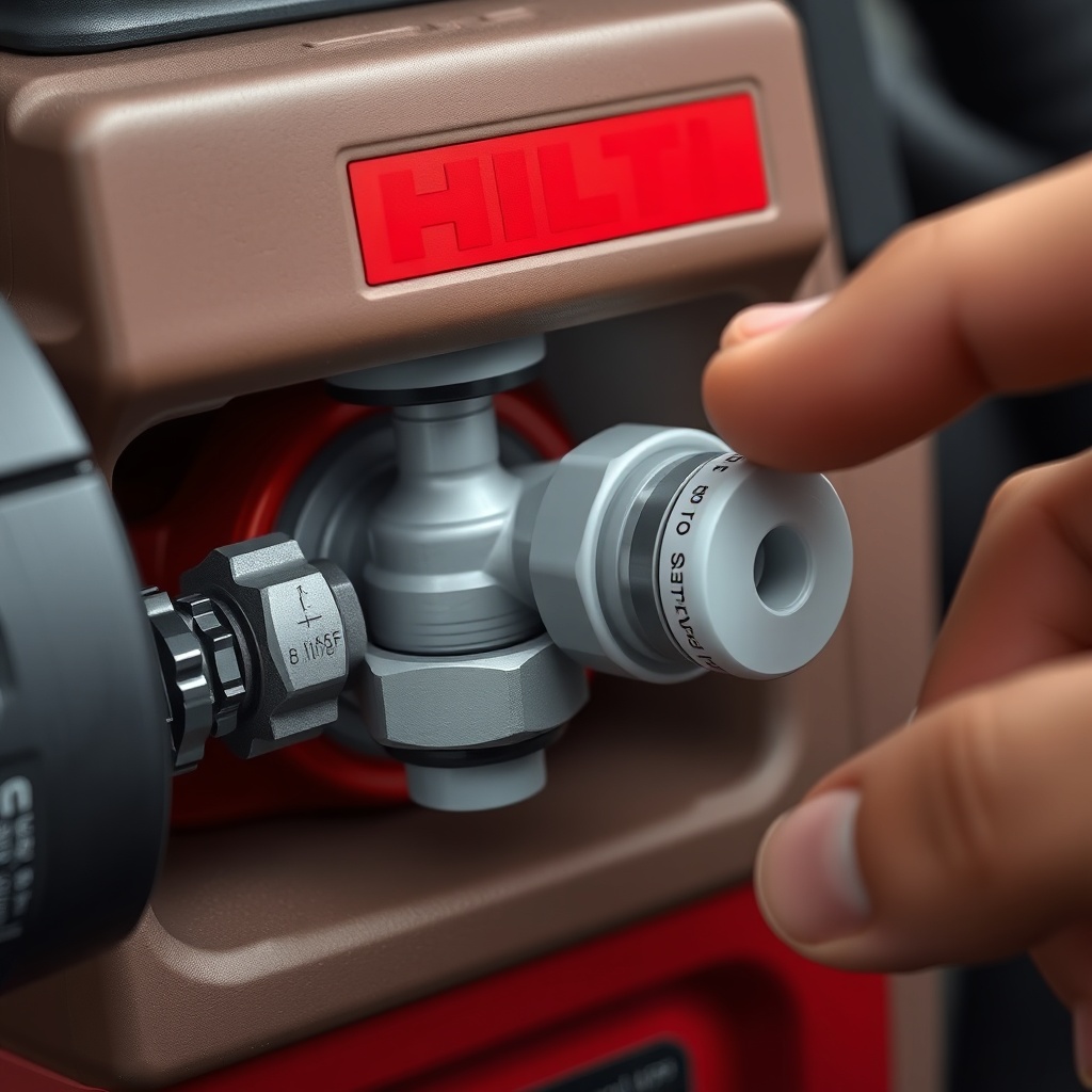 A clean photorealistic close-up of a Hilti DD 160's water inlet valve and filter assembly