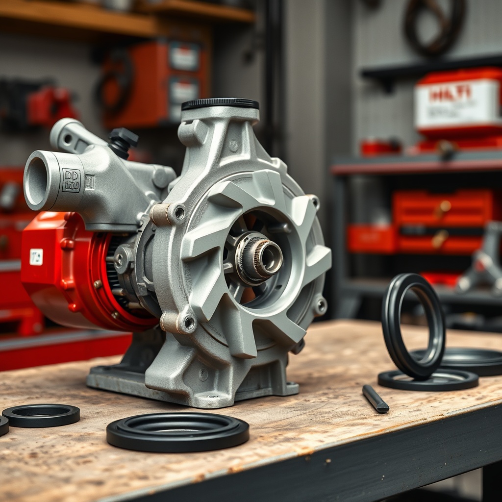 A clean photorealistic shot of a Hilti DD 160 water pump disassembled on a workbench
