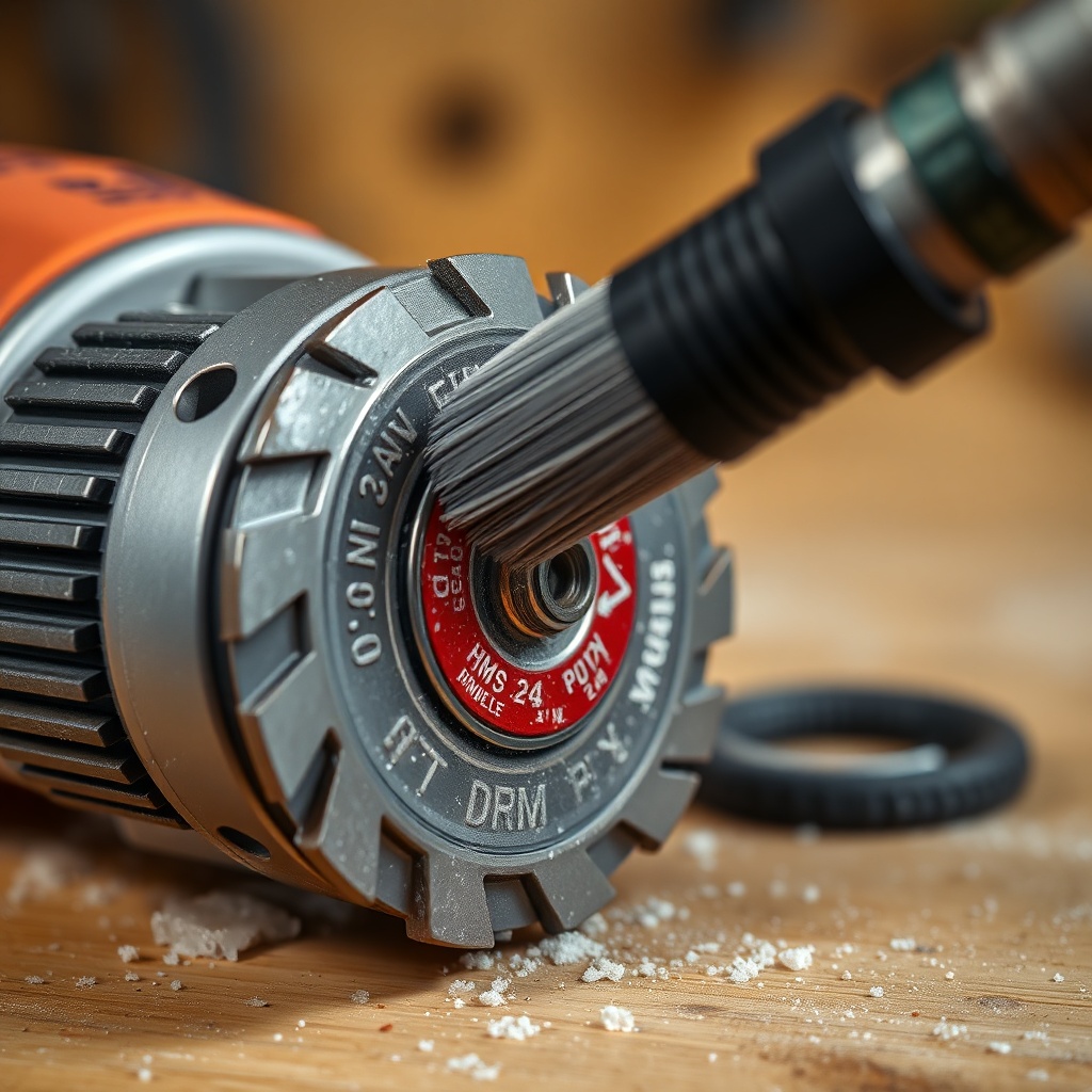 A close-up photorealistic photo of a Husqvarna DMS 240 diamond bit being cleaned with a so