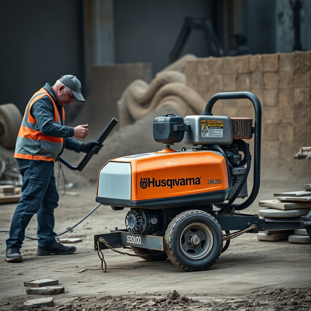 A photorealistic photo of a Husqvarna DMS 240 machine on a construction site