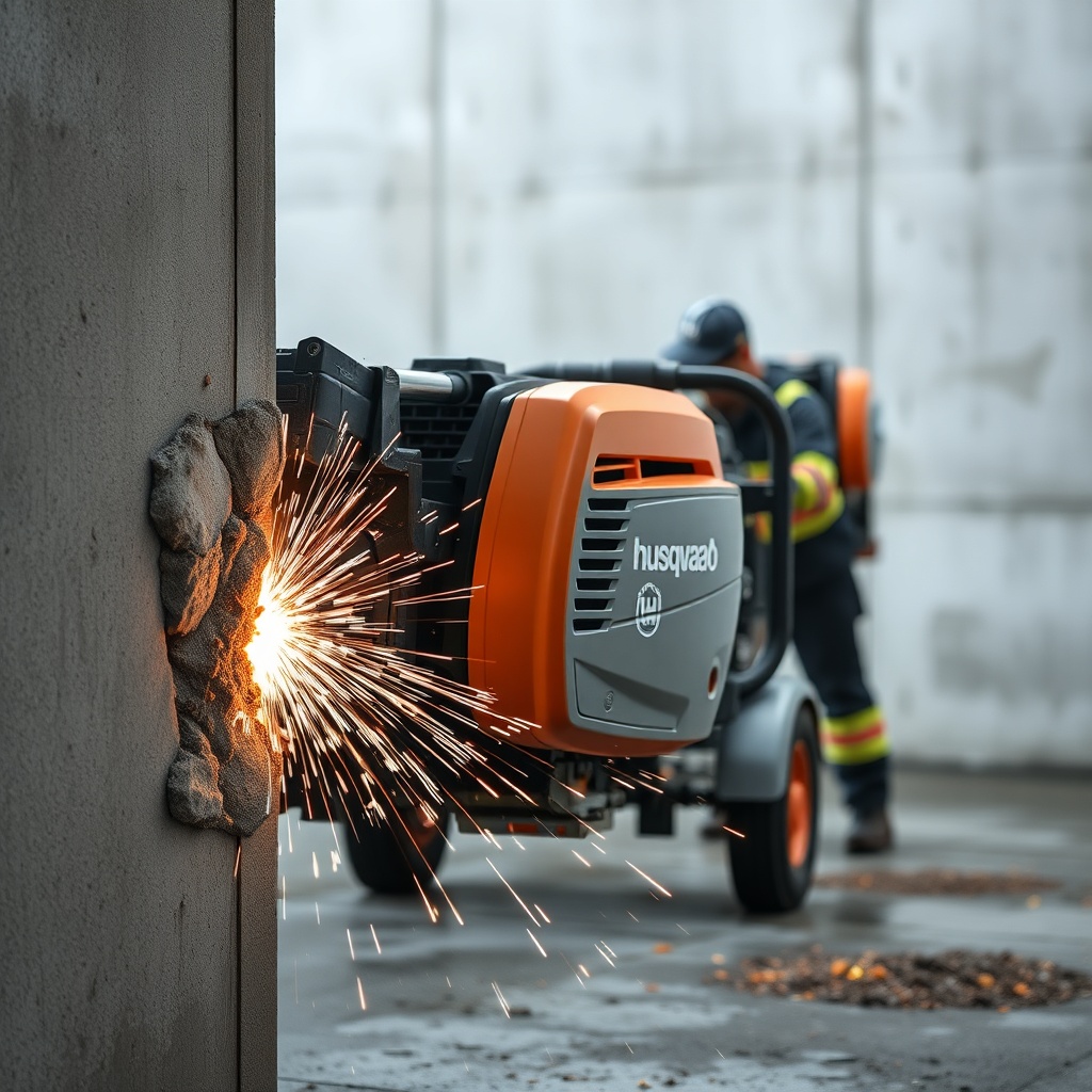 <A photorealistic 16:9 photo of a Husqvarna DMS 240 machine cutting through a reinforced c