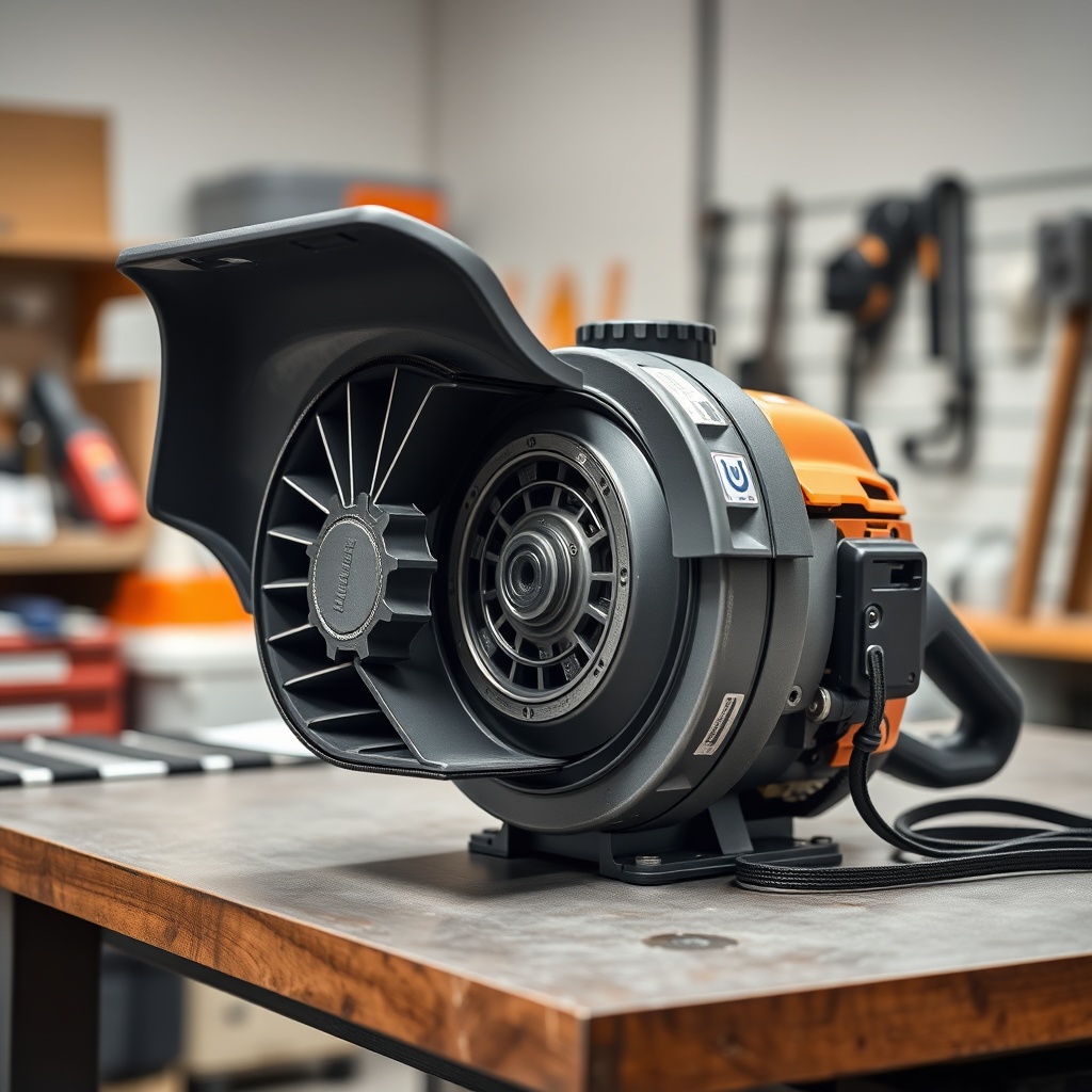 <A photorealistic 16:9 photo of the Husqvarna DMS 240's motor section with the cooling fan