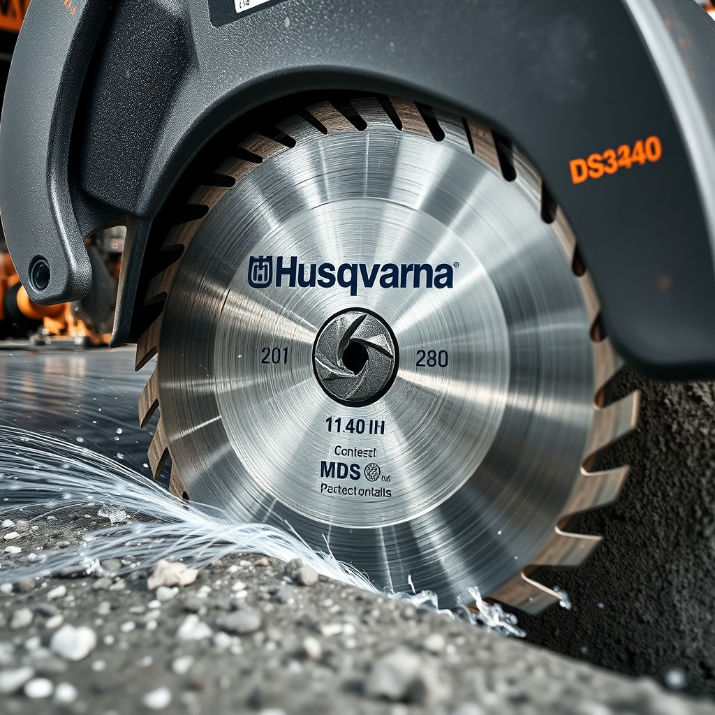 A clean photorealistic photo of a close-up angle showing the diamond blade of Husqvarna DM