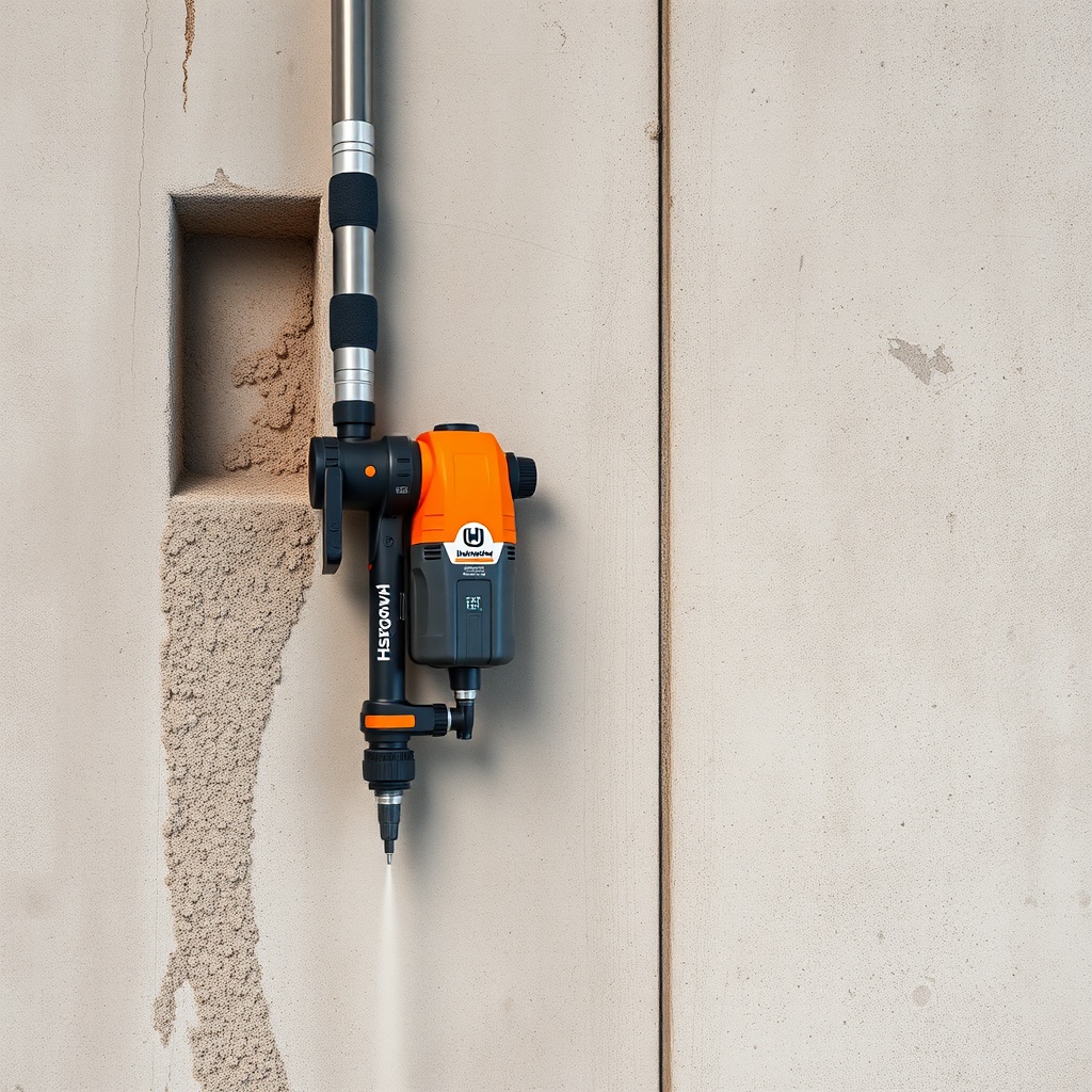 <clean photorealistic photo of a Husqvarna DMS 240 drilling into a concrete wall with dust
