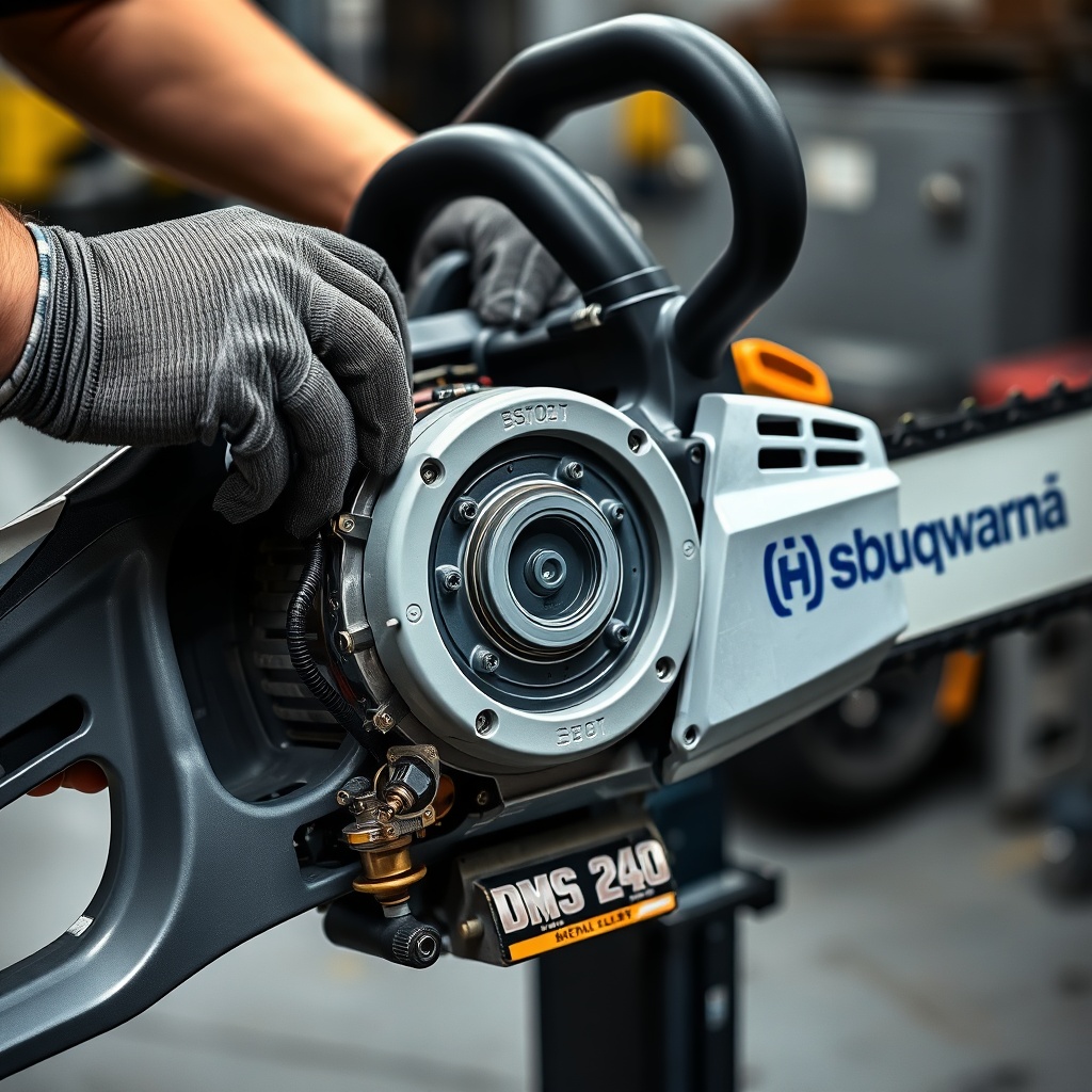 <clean photorealistic photo of a Husqvarna DMS 240 being serviced by a technician wearing