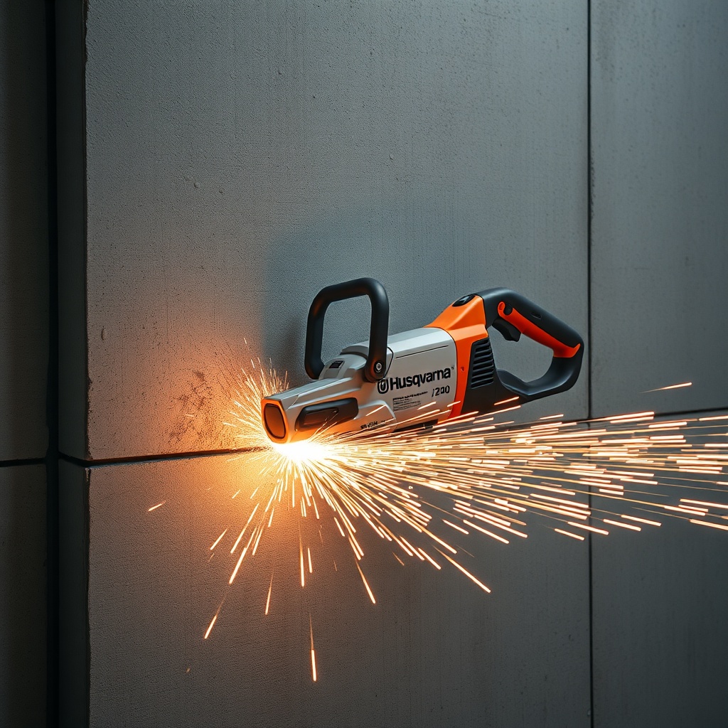 <clean photorealistic photo/illustration of a Husqvarna DMS 240 cutting a thick concrete w