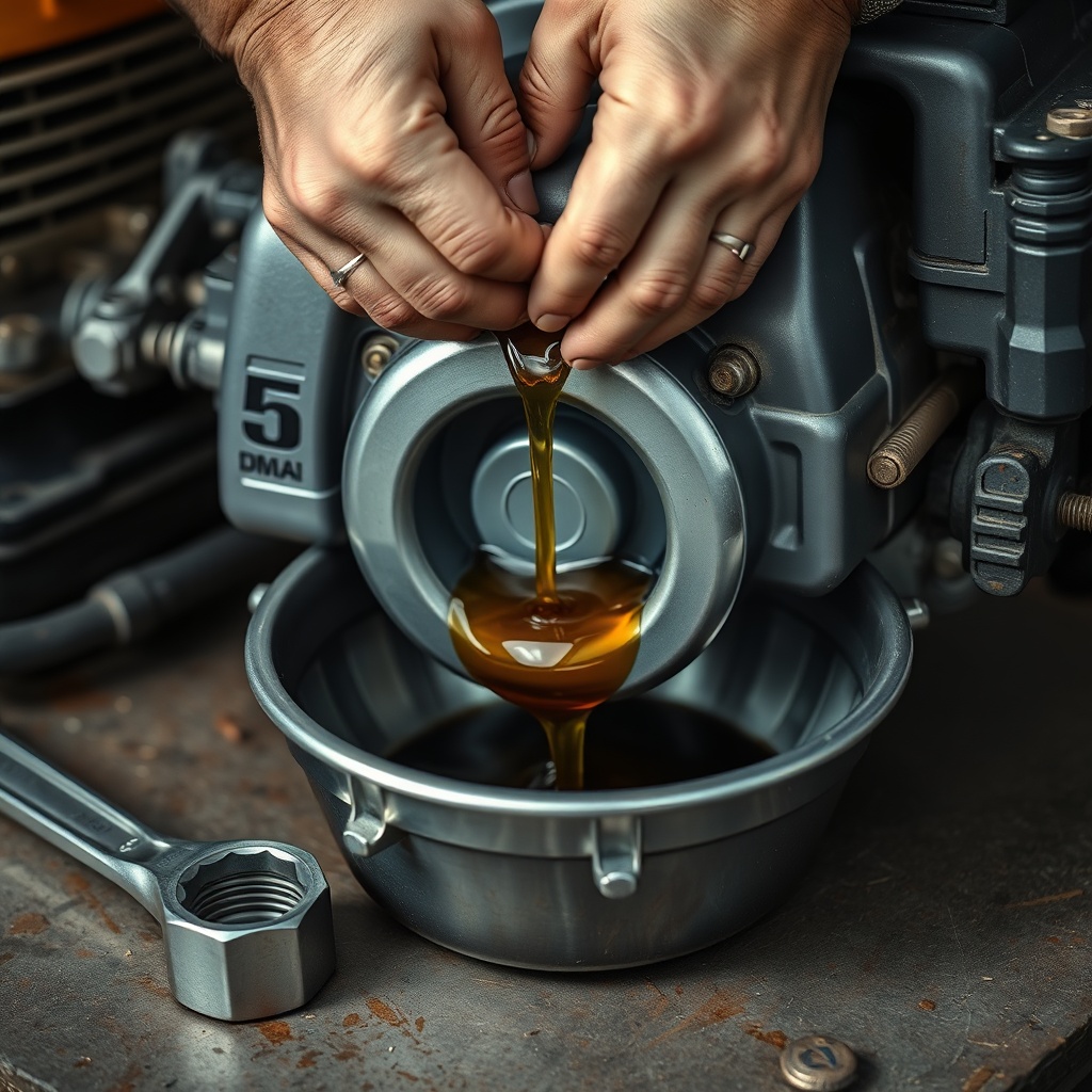A clean photorealistic photo of a mechanic's hands draining old oil from a Husqvarna DMS 2