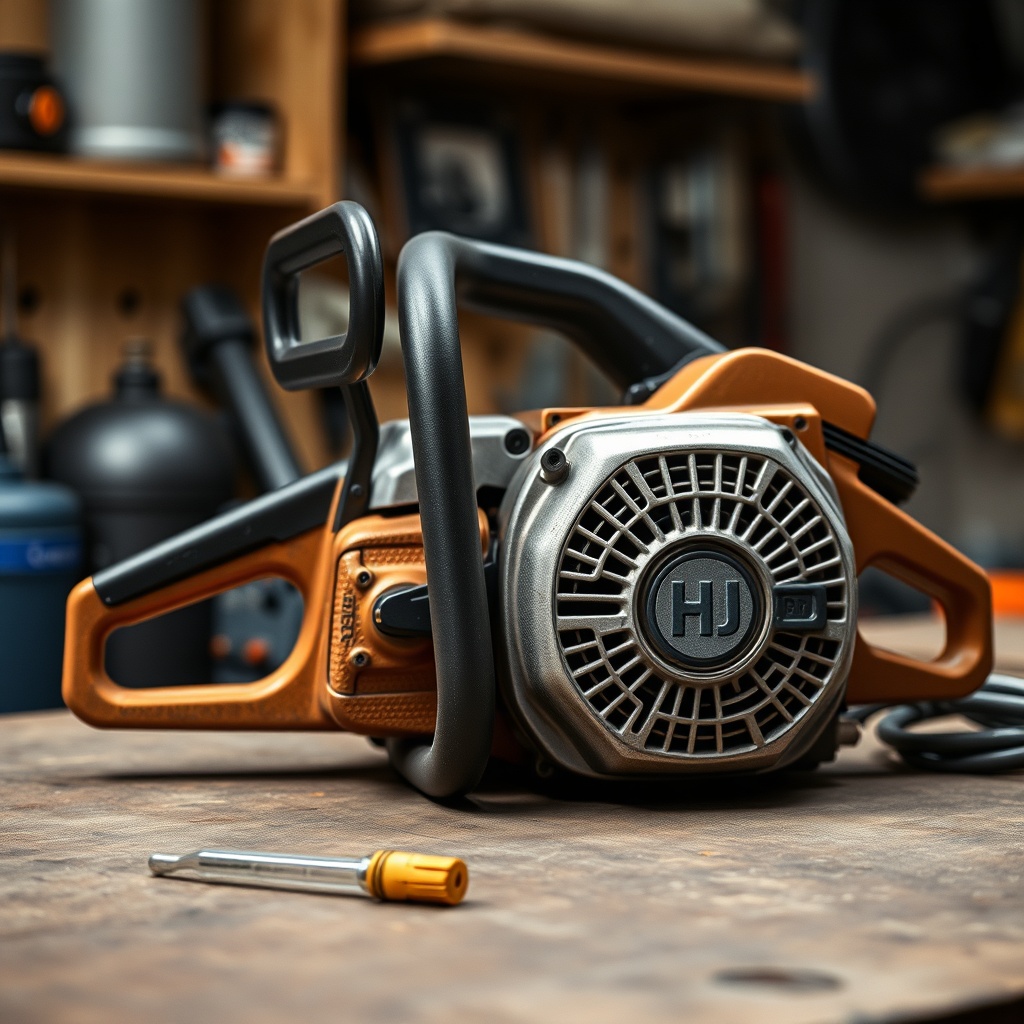 <clean photorealistic photo of Husqvarna DMS 240 with oil dipstick visible on workbench