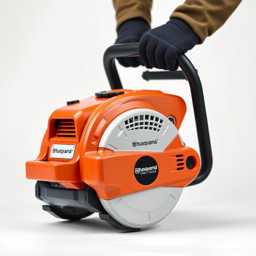 <Bir atölyede Husqvarna DMS 240 yanında etiketlenmiş yakıt bidonları ve huni
