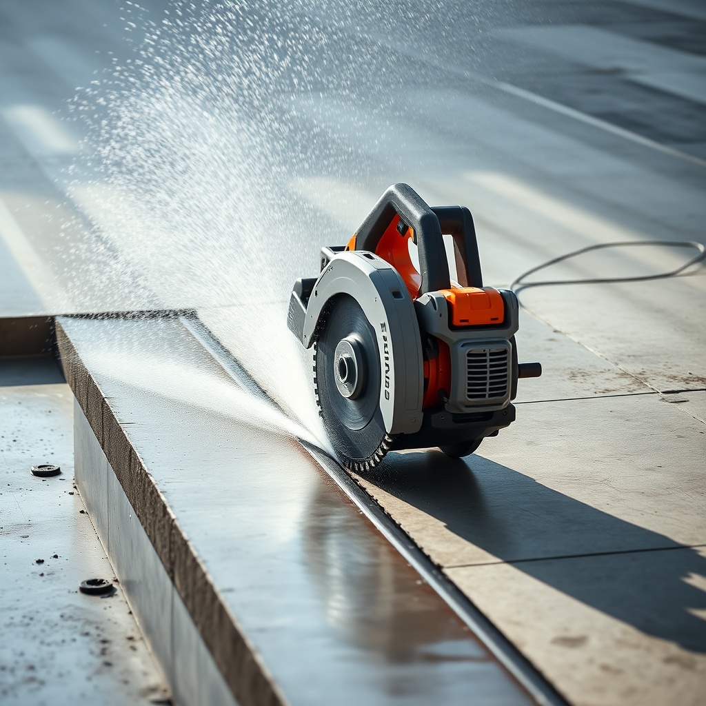 A Husqvarna K770 cutting a thick concrete slab with a guide rail
