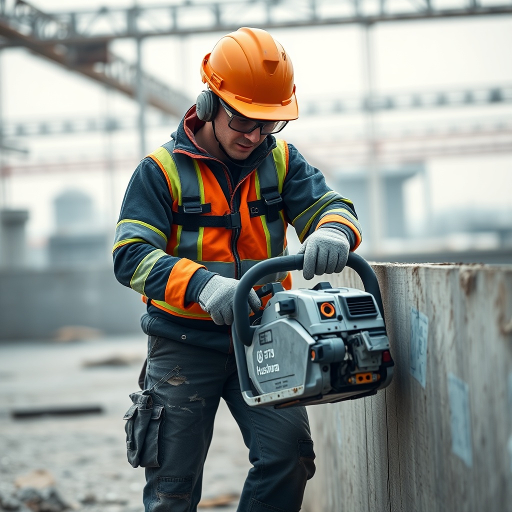A worker wearing full PPE using a Husqvarna K770 on a construction site