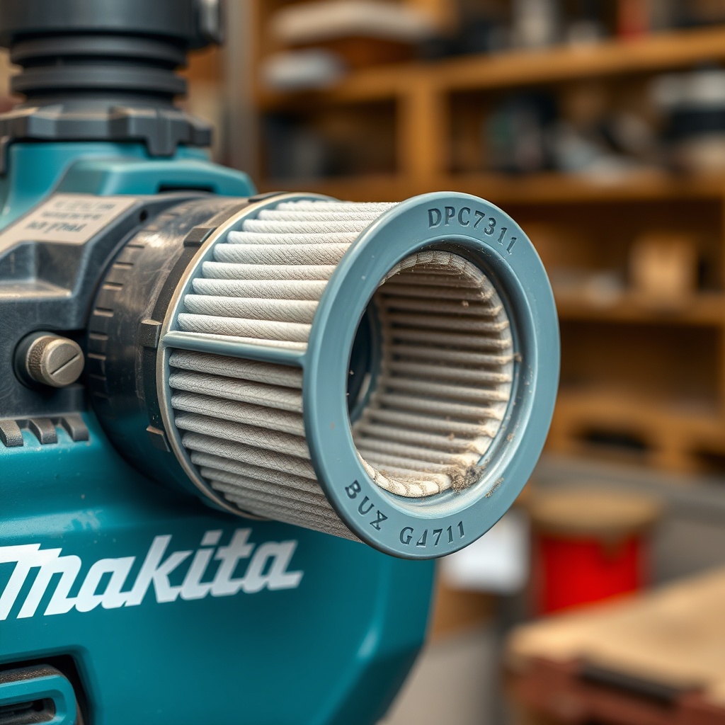 A clean photorealistic close-up photo of a Makita DPC7311 air filter being removed from th