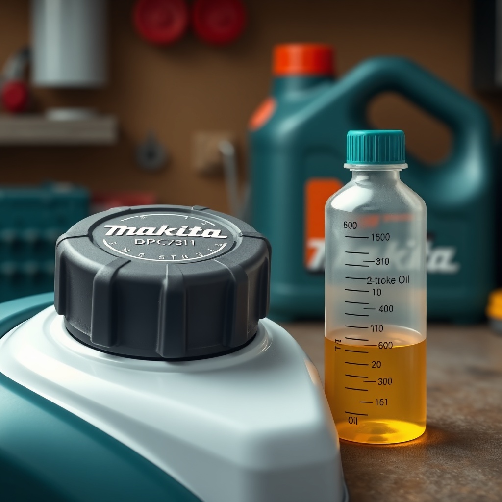 A photorealistic illustration of a clean Makita DPC7311 fuel tank cap and a measuring bott