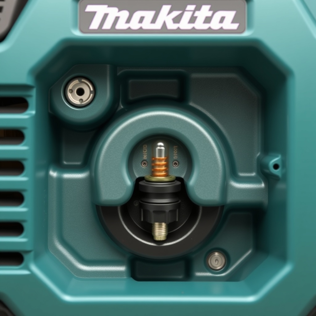 <clean photorealistic photo of Makita DPC7311 engine compartment with spark plug visible>