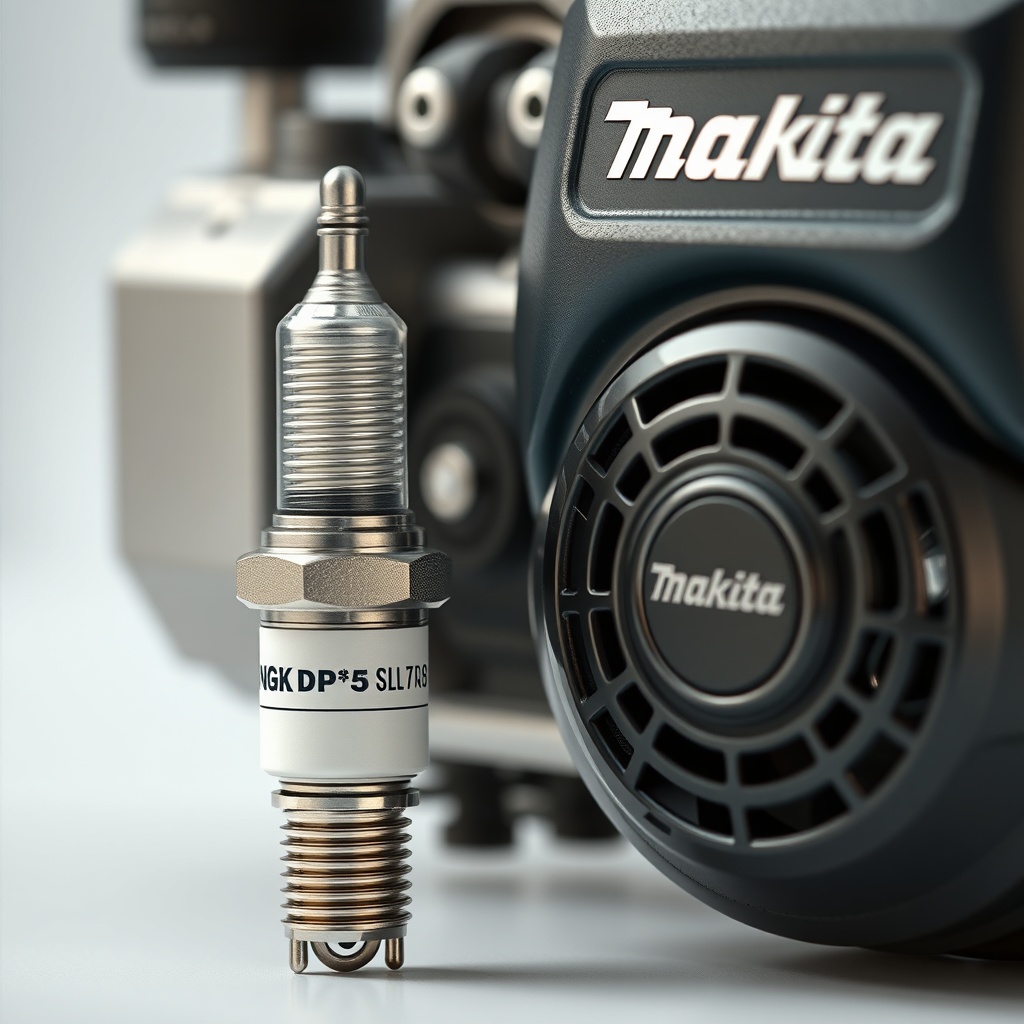 <clean photorealistic photo of a new NGK spark plug next to Makita DPC7311 engine>