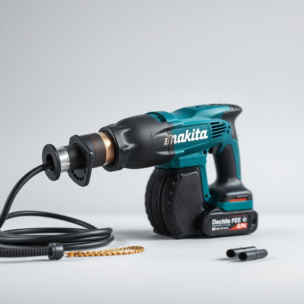 Clean photorealistic photo of a Makita DPC7311 benzinli testere egzoz çıkışı ve susturucu
