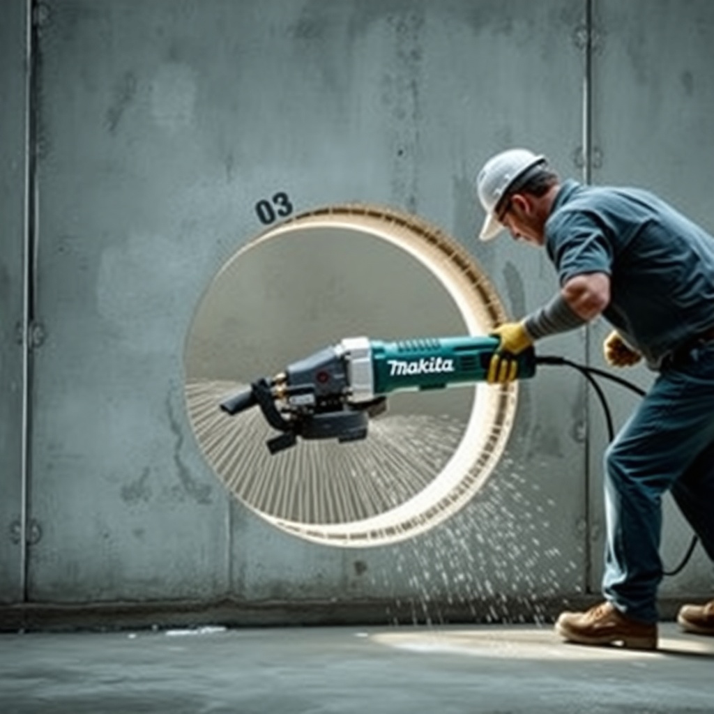 <clean photorealistic photo/illustration of a Makita DPC7311 cutting a circular opening in