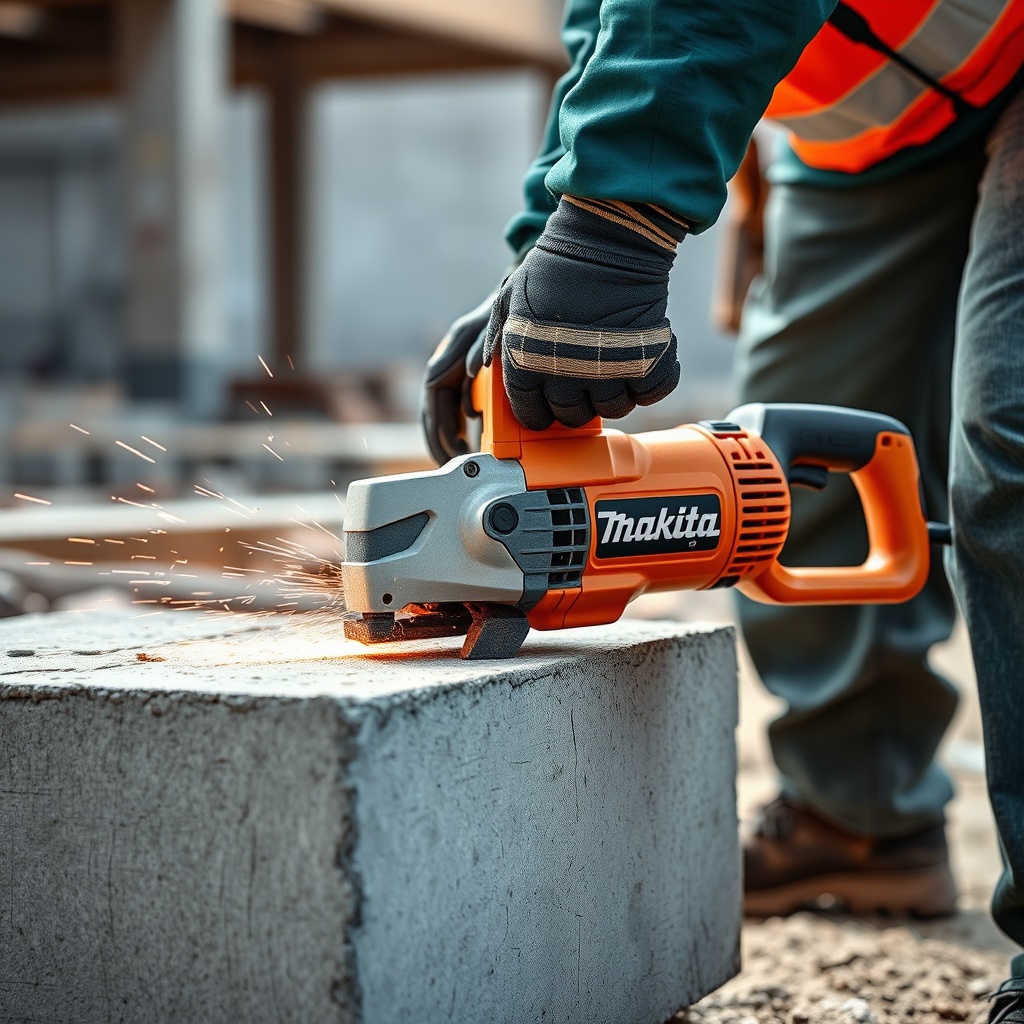 <A Makita DPC7311 cutting a thick concrete block on a construction site