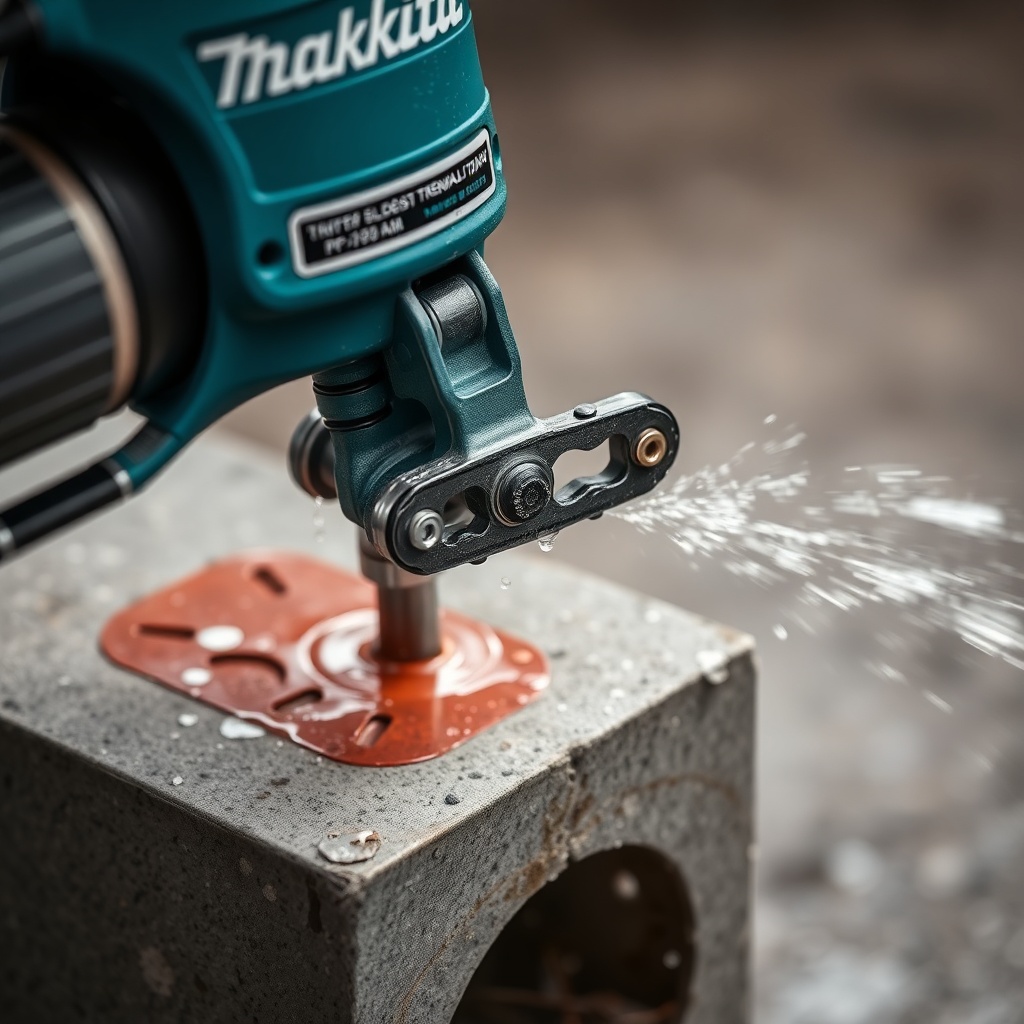 Close-up of Makita DPC7311 chain tensioning mechanism on a concrete block