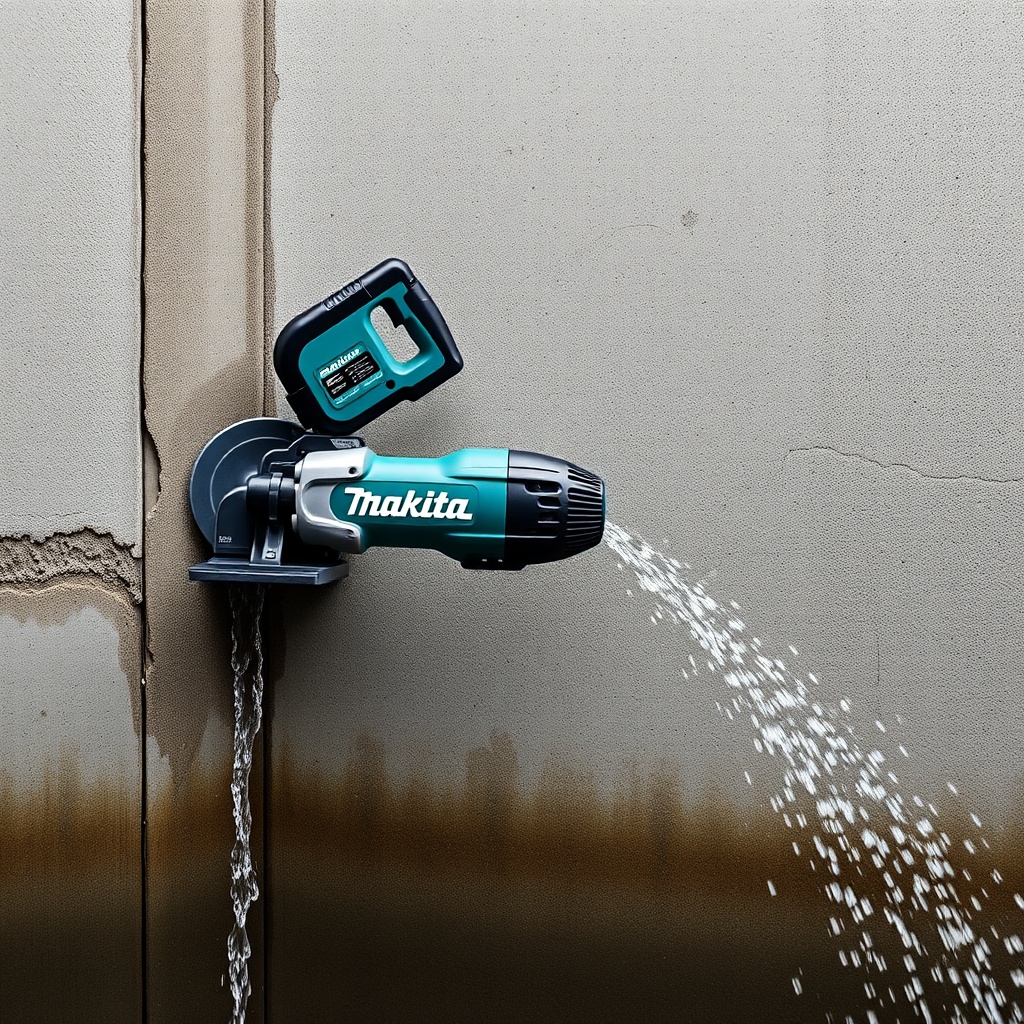 Photorealistic side view of Makita DPC7311 cutting a straight line through a concrete wall