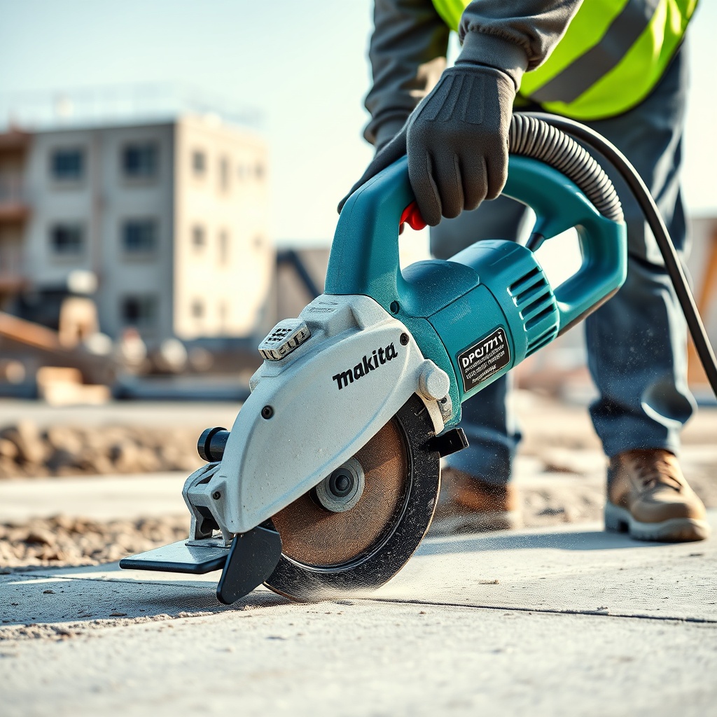 A clean photorealistic photo of a Makita DPC7311 cutting concrete outdoors