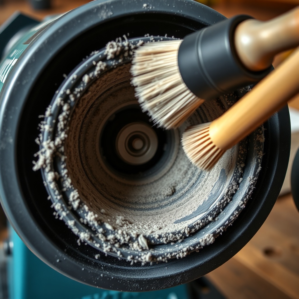 A close-up photorealistic photo of a dusty Makita DPC7311 dust extraction adaptor being cl